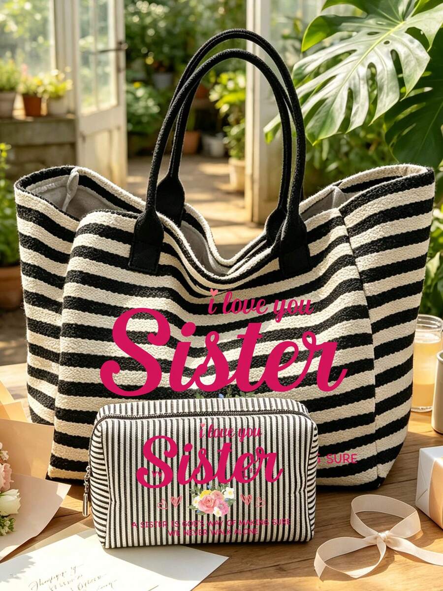 "I Love You, Sister" Vintage Striped Tote Bag And Matching Pouch, Foldable Canvas Shoulder Bag, Bohemian Striped Beach Bag, Makeup Bag, Perfect For Beach, Swimming, Shopping And Daily Use, Suitable Fo