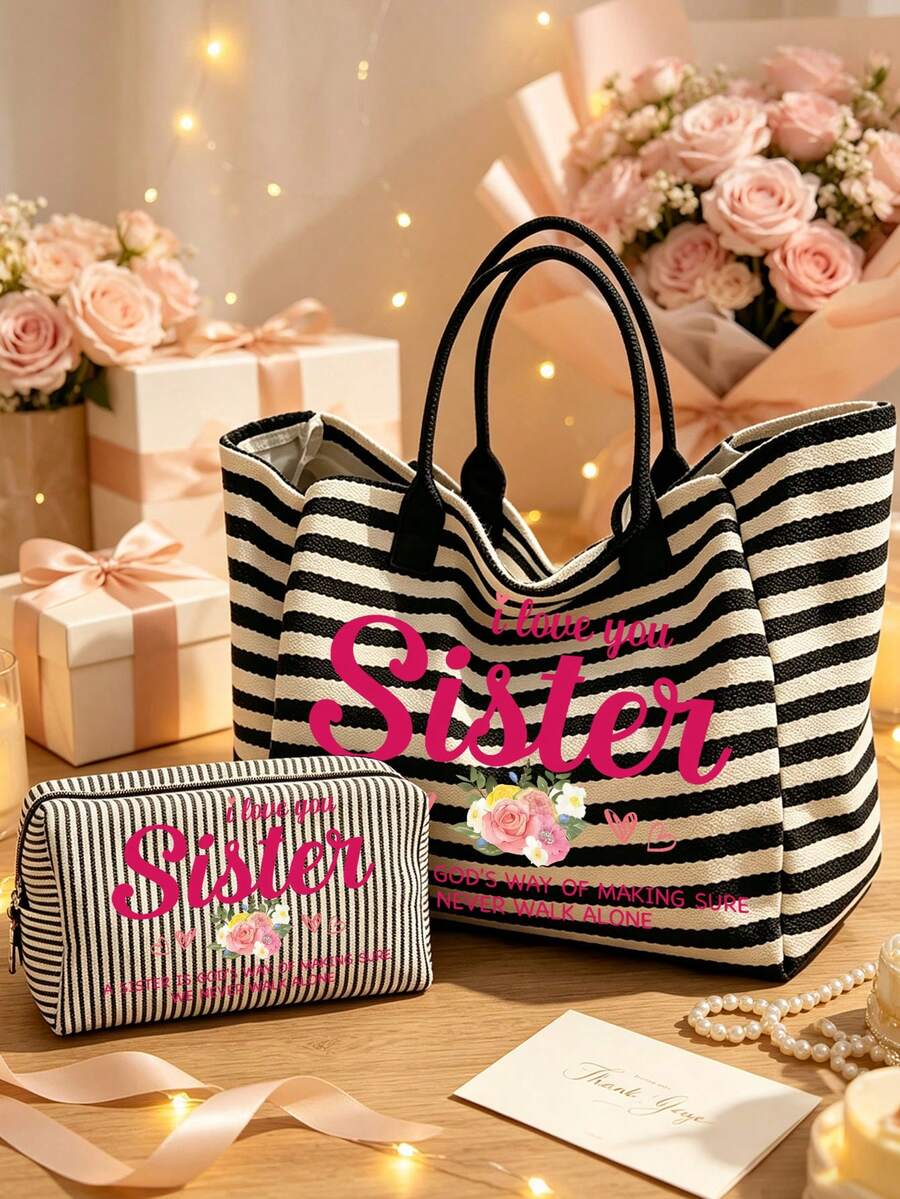 "I Love You, Sister" Vintage Striped Tote Bag And Matching Pouch, Foldable Canvas Shoulder Bag, Bohemian Striped Beach Bag, Makeup Bag, Perfect For Beach, Swimming, Shopping And Daily Use, Suitable Fo