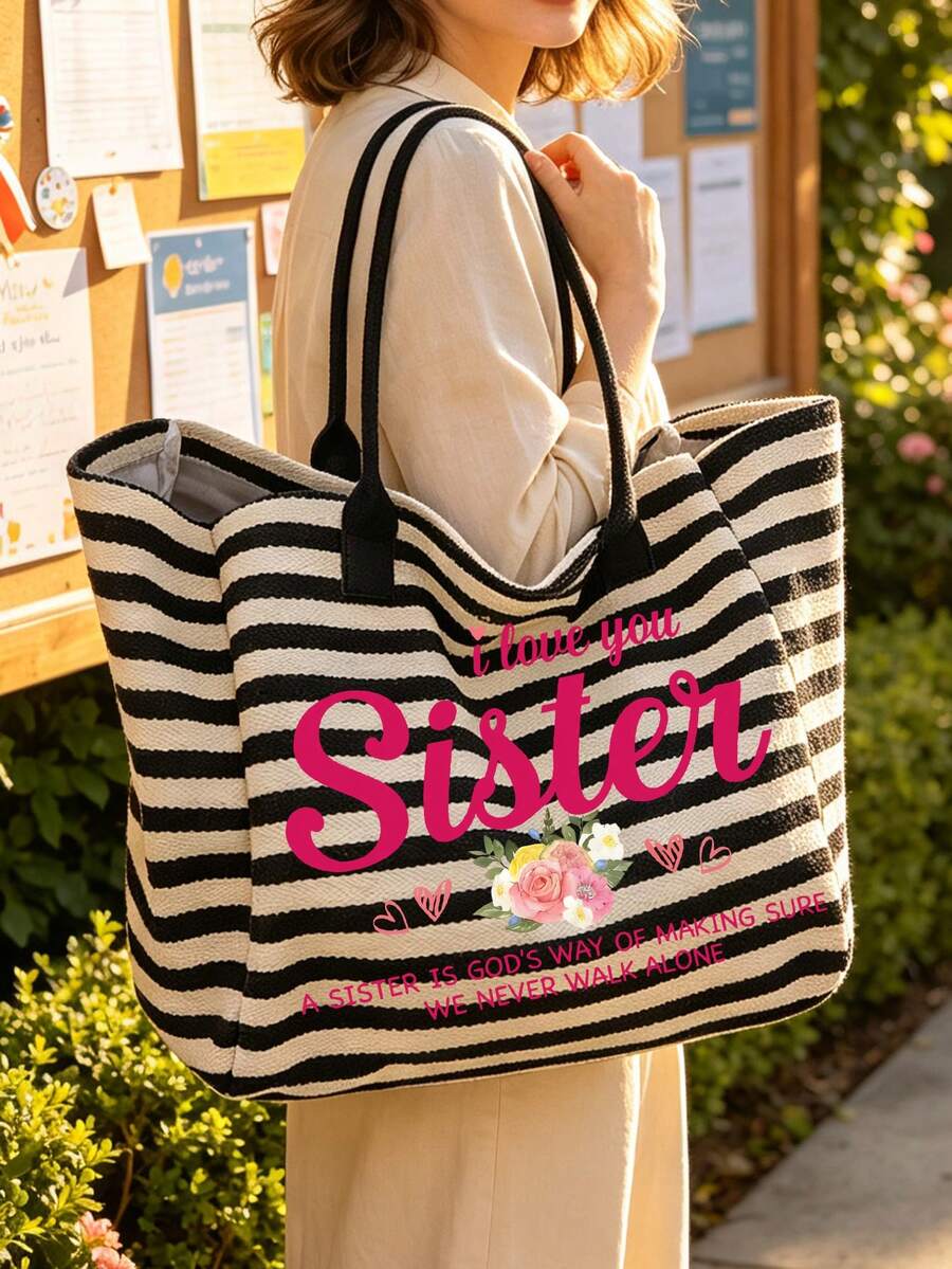 "I Love You, Sister" Vintage Striped Tote Bag And Matching Pouch, Foldable Canvas Shoulder Bag, Bohemian Striped Beach Bag, Makeup Bag, Perfect For Beach, Swimming, Shopping And Daily Use, Suitable Fo
