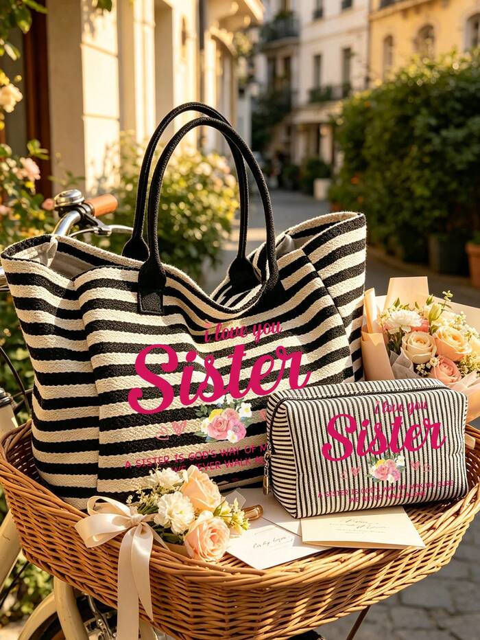 "I Love You, Sister" Vintage Striped Tote Bag And Matching Pouch