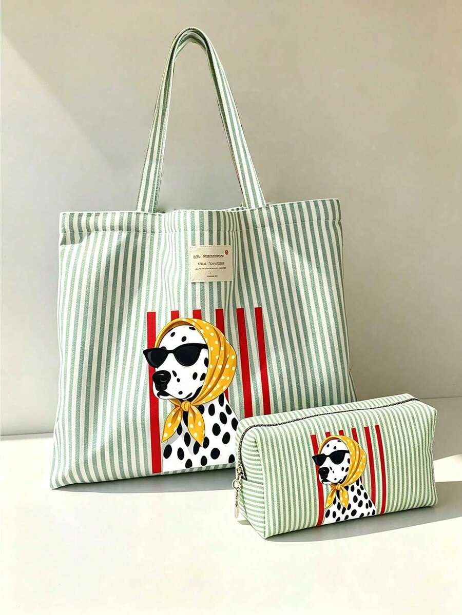 Pink Striped Spotted Dog (Wearing Scarf) Print Tote Bag & Storage Bag Set- Large Capacity Canvas Shoulder Bag With Matching Makeup Bag, Women's Handbag, Casual Tote, Waterproof & Sandproof Travel Bag