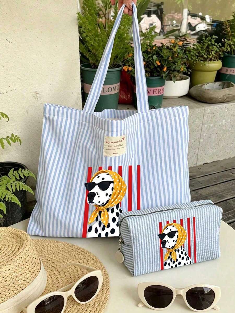 Pink Striped Spotted Dog (Wearing Scarf) Print Tote Bag & Storage Bag Set- Large Capacity Canvas Shoulder Bag With Matching Makeup Bag, Women's Handbag, Casual Tote, Waterproof & Sandproof Travel Bag