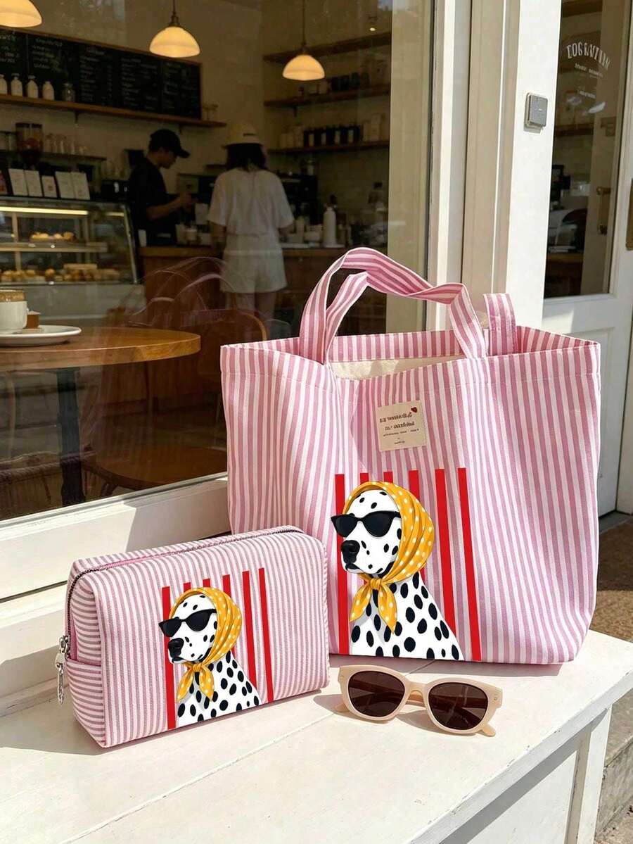 Pink Striped Spotted Dog (Wearing Scarf) Print Tote Bag & Storage Bag Set- Large Capacity Canvas Shoulder Bag With Matching Makeup Bag, Women's Handbag, Casual Tote, Waterproof & Sandproof Travel Bag