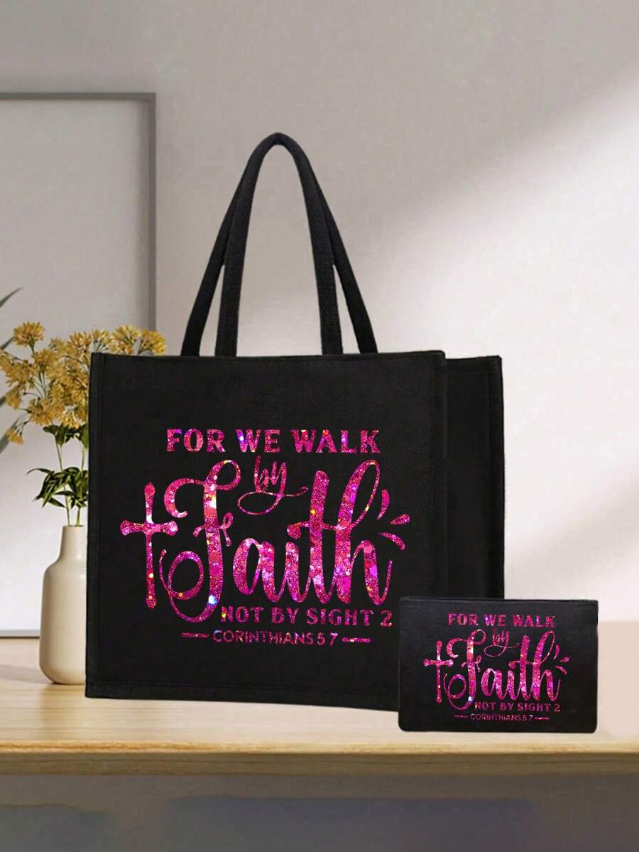 Rose Red Glitter Letter "Even If I Can't See, I Will Walk By Faith" Handbag Set, Portable Shopping Bag And Makeup Bag, Back To School Storage Bag, Lightweight Foldable Storage Bag, Also Includes A Sma