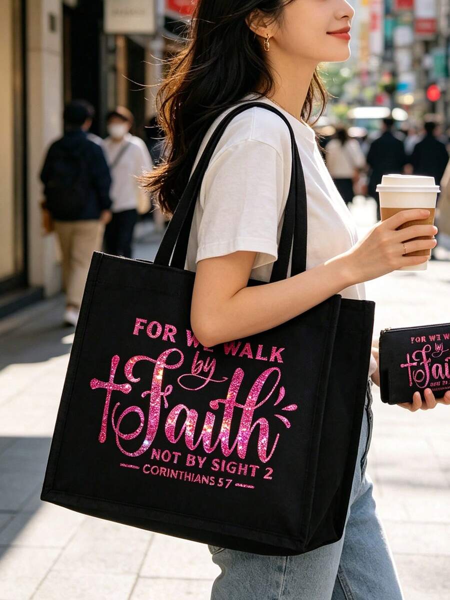 Rose Red Glitter Letter "Even If I Can't See, I Will Walk By Faith" Handbag Set, Portable Shopping Bag And Makeup Bag, Back To School Storage Bag, Lightweight Foldable Storage Bag, Also Includes A Sma