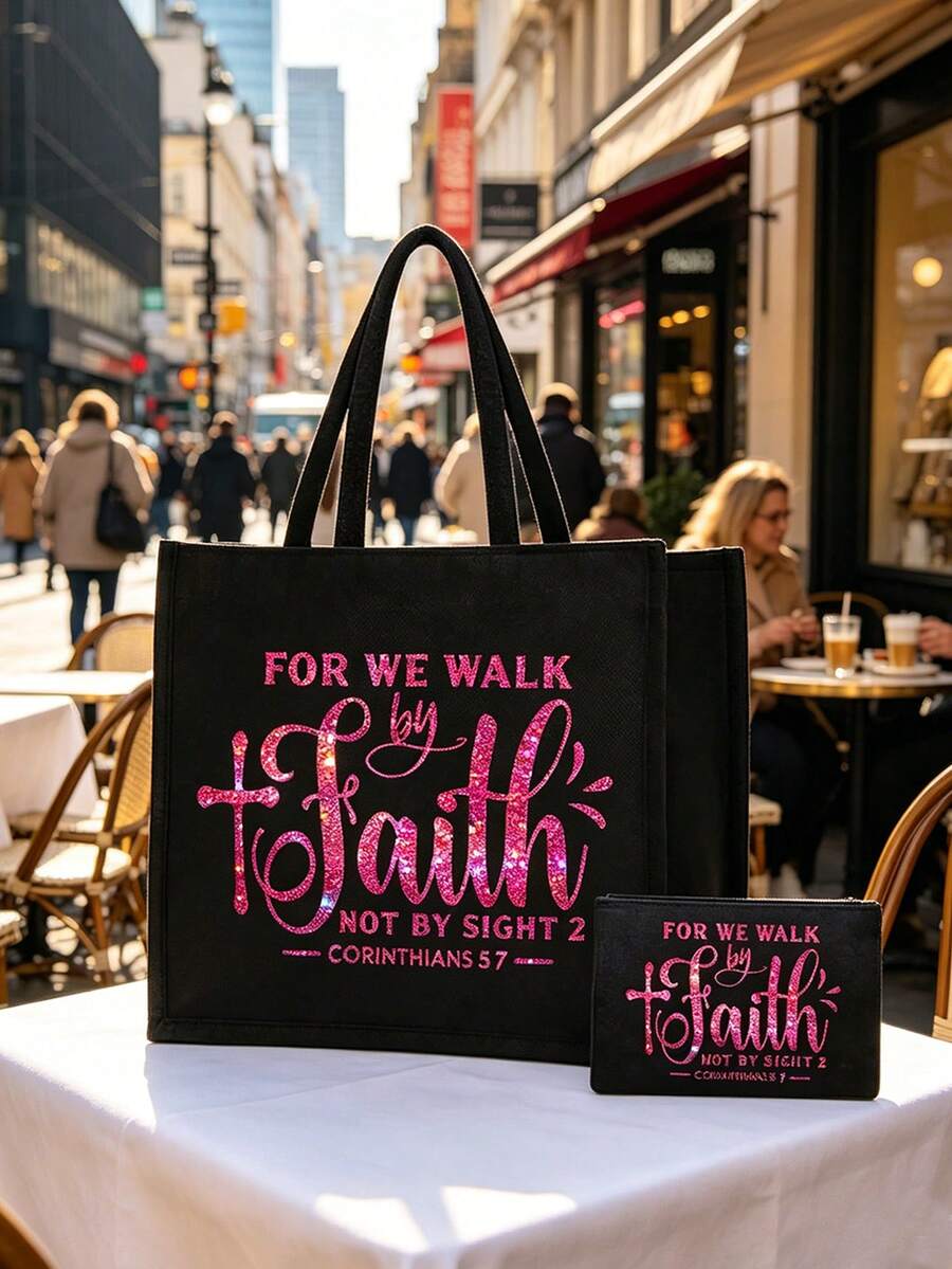 Rose Red Glitter Letter "Even If I Can't See, I Will Walk By Faith" Handbag Set, Portable Shopping Bag And Makeup Bag, Back To School Storage Bag, Lightweight Foldable Storage Bag, Also Includes A Sma