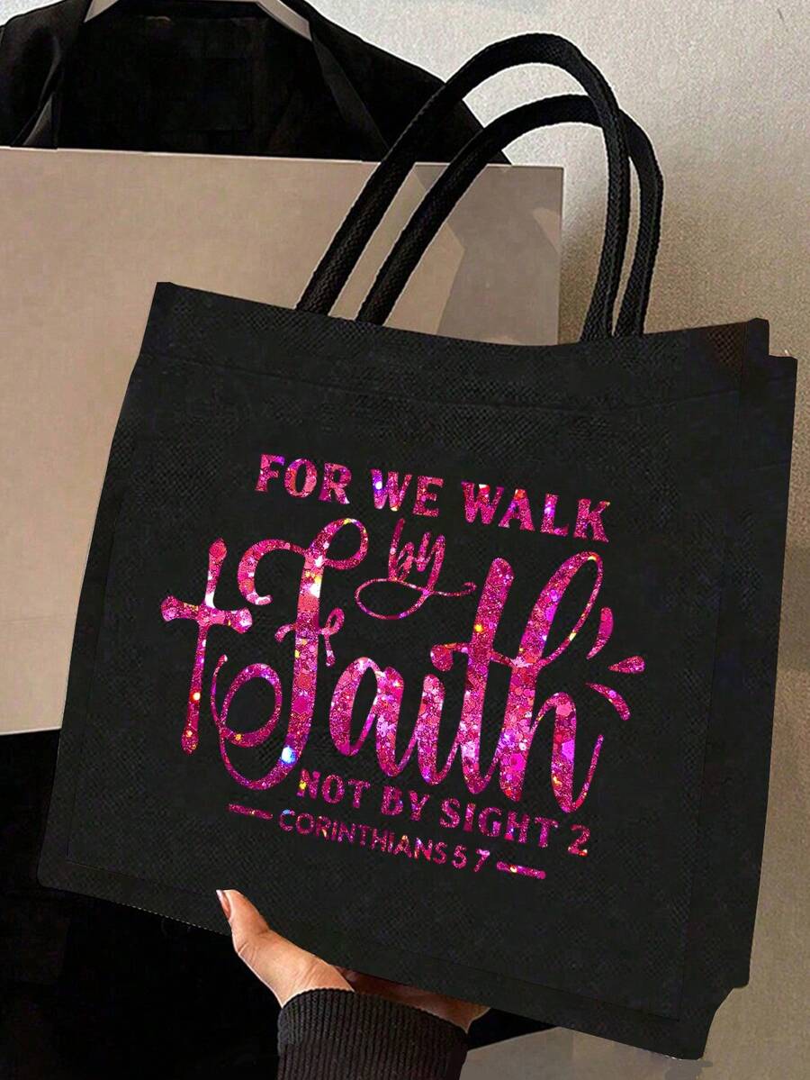 Rose Red Glitter Letter "Even If I Can't See, I Will Walk By Faith" Handbag Set, Portable Shopping Bag And Makeup Bag, Back To School Storage Bag, Lightweight Foldable Storage Bag, Also Includes A Sma
