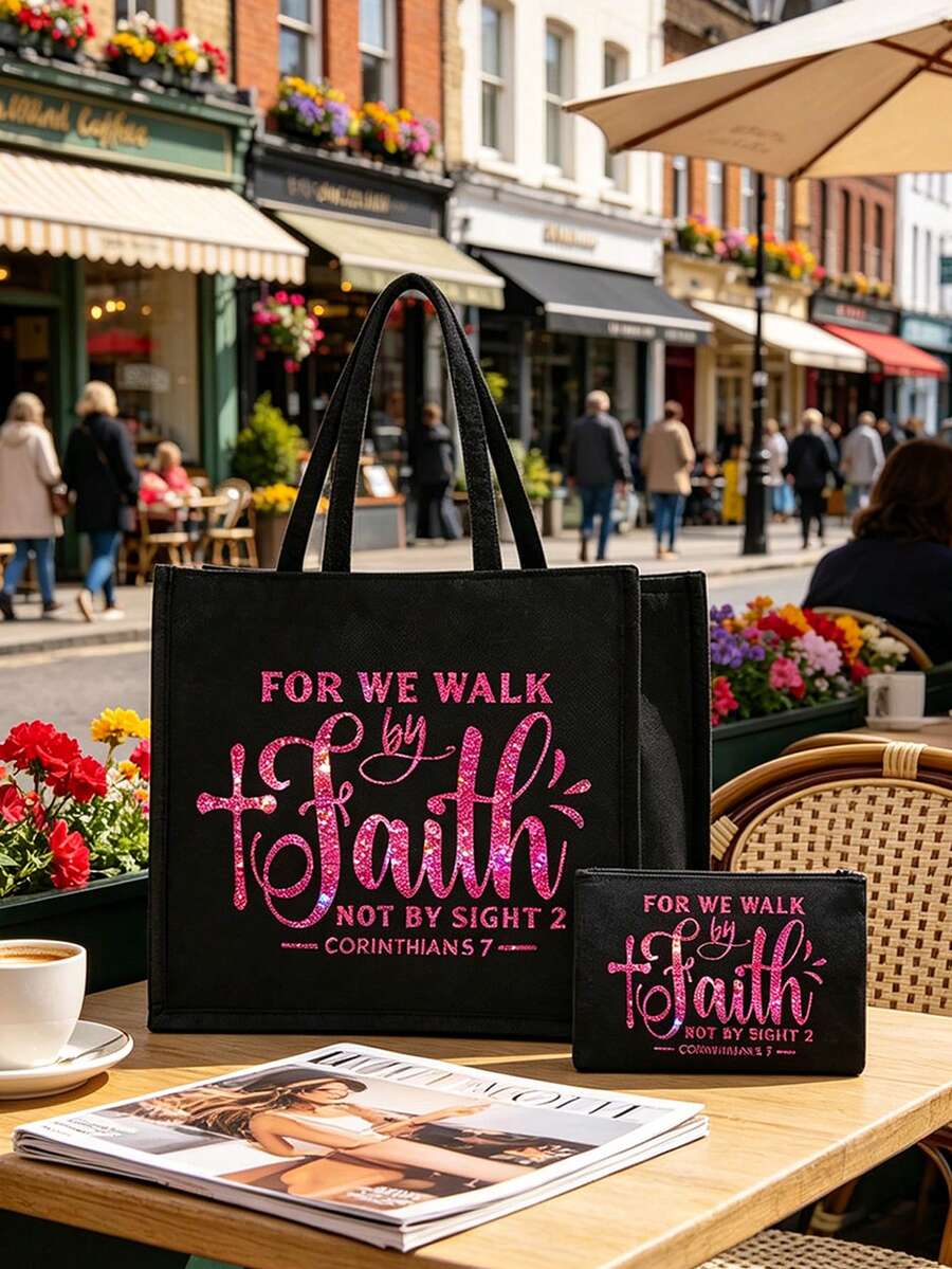 Rose Red Glitter Letter "Even If I Can't See, I Will Walk By Faith" Handbag Set, Portable Shopping Bag And Makeup Bag, Back To School Storage Bag, Lightweight Foldable Storage Bag, Also Includes A Sma