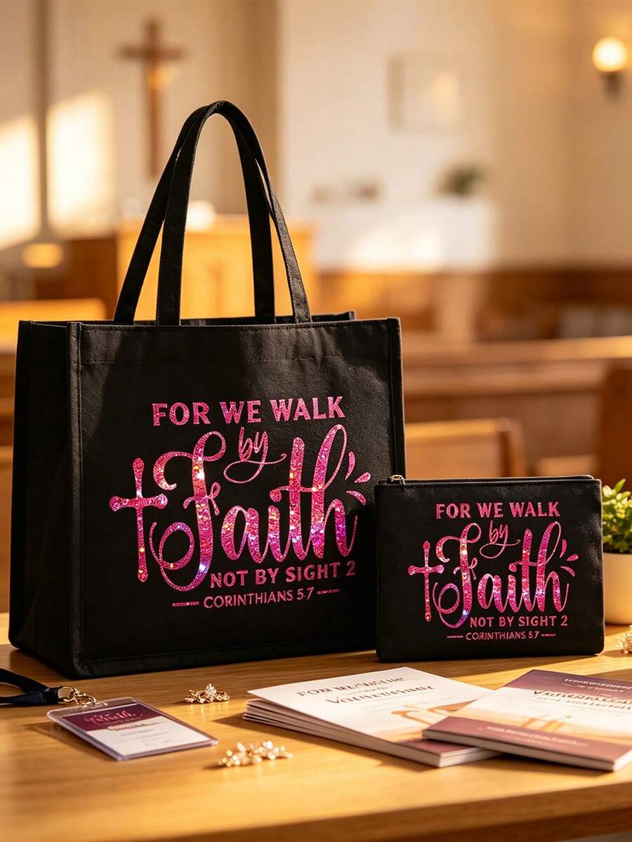 Rose Red Glitter Letter "Even If I Can't See, I Will Walk By Faith" Handbag Set, Portable Shopping Bag And Makeup Bag, Back To School Storage Bag, Lightweight Foldable Storage Bag, Also Includes A Sma
