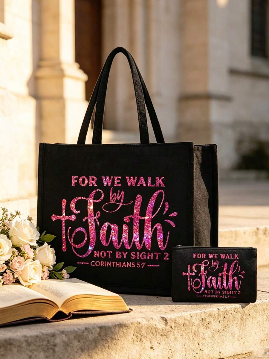 Rose Red Glitter Letter "Even If I Can't See, I Will Walk By Faith" Handbag Set, Portable Shopping Bag And Makeup Bag, Back To School Storage Bag, Lightweight Foldable Storage Bag, Also Includes A Sma