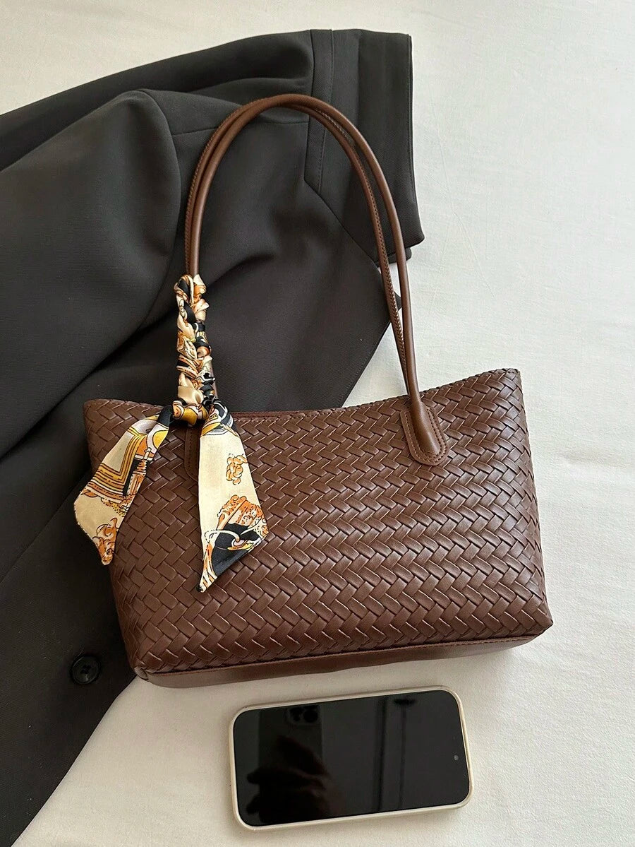 Premium Fashion Versatile Shoulder Commuter Bag For Women, Spring/Summer New Style Student Class Large Capacity Tote Bag Woven Shopping Bag, Comes With Exquisite Silk Scarf