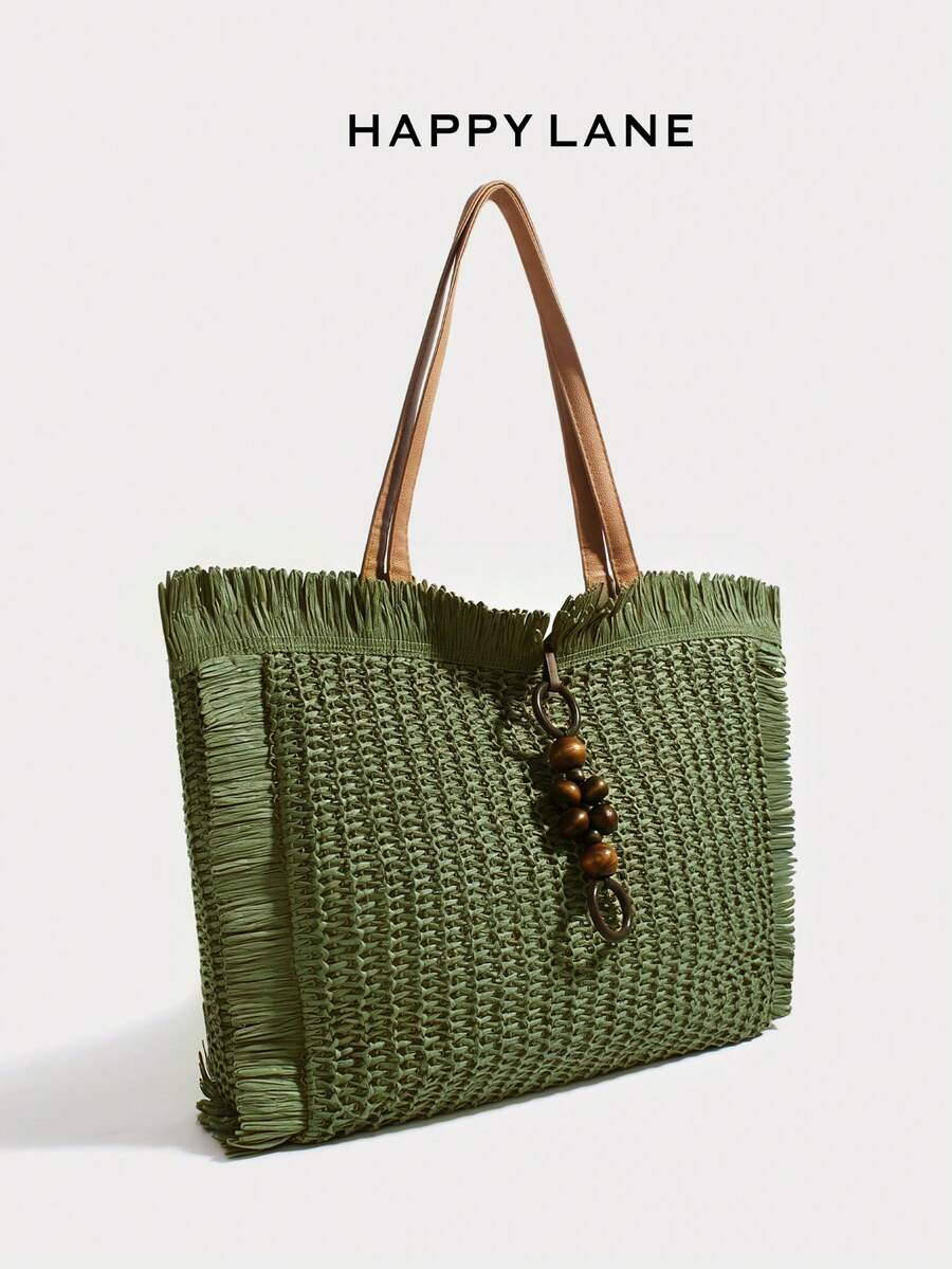 HAPPY LANE Large Capacity Tassel Woven Tote Bag. Niche Design, Large Capacity Tote Bag Shape
