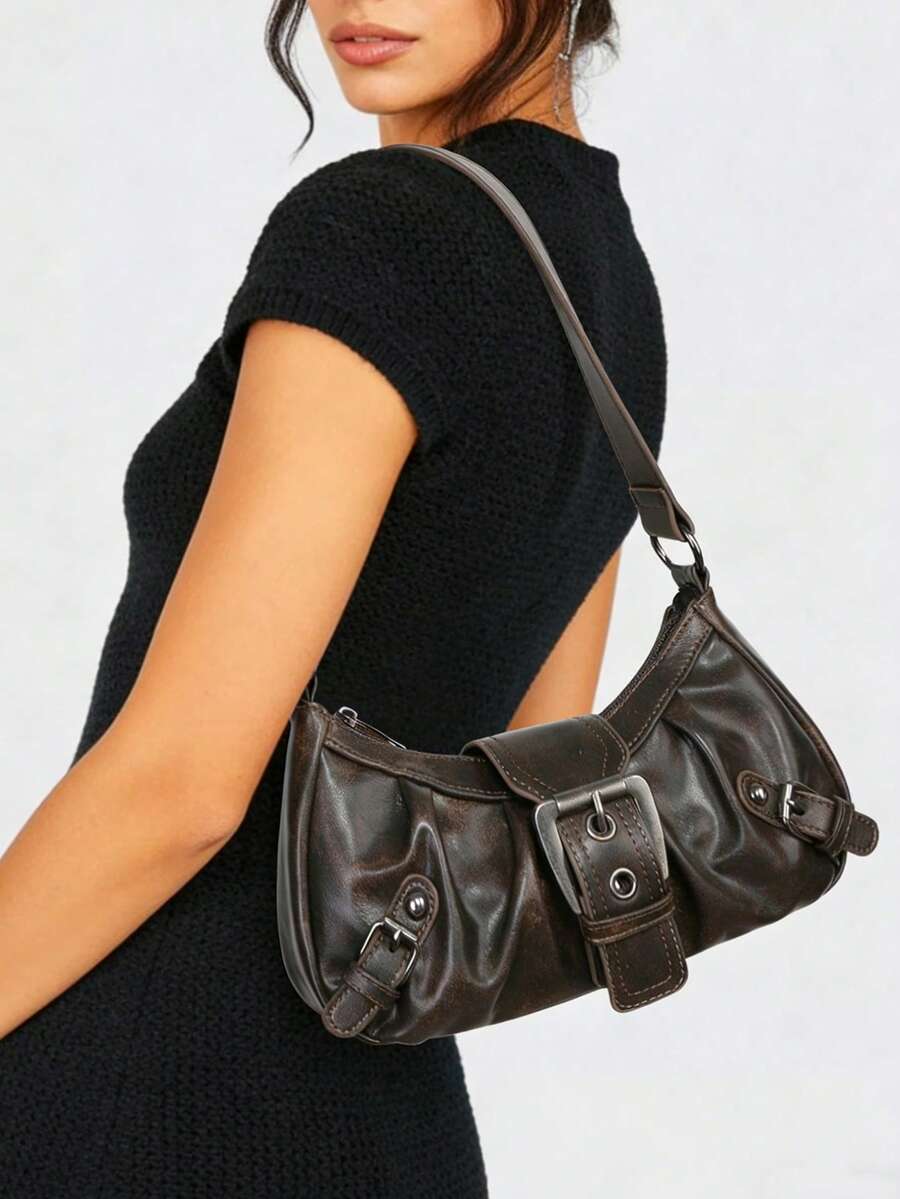Dark Grey Distressed Ruched Buckle Purse For Women,PU Shoulder Tote Bag, Grunge Ladies Bags For Summer Beach Street Date Casual Outfits