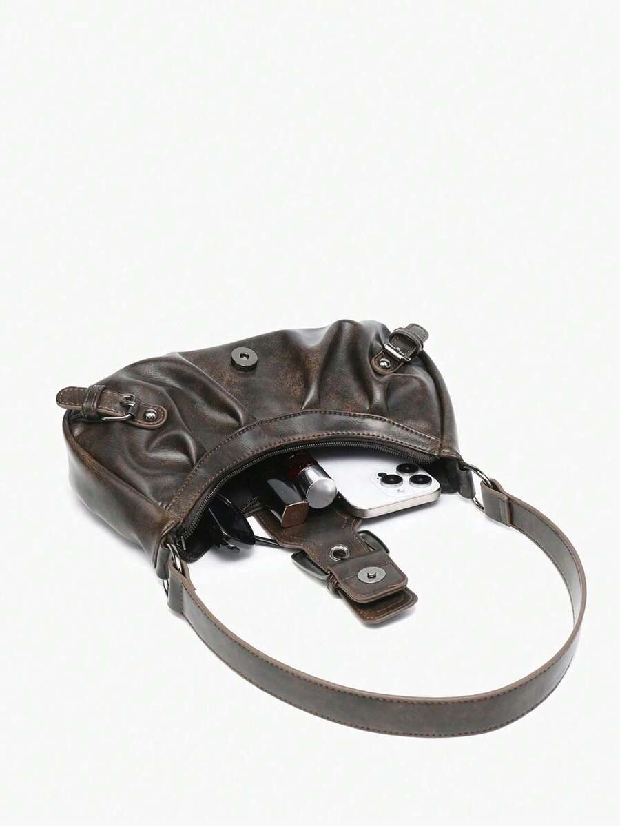 Dark Grey Distressed Ruched Buckle Purse For Women,PU Shoulder Tote Bag, Grunge Ladies Bags For Summer Beach Street Date Casual Outfits