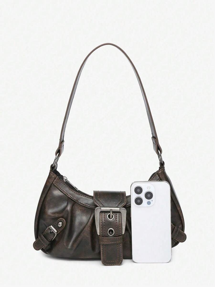 Dark Grey Distressed Ruched Buckle Purse For Women,PU Shoulder Tote Bag, Grunge Ladies Bags For Summer Beach Street Date Casual Outfits