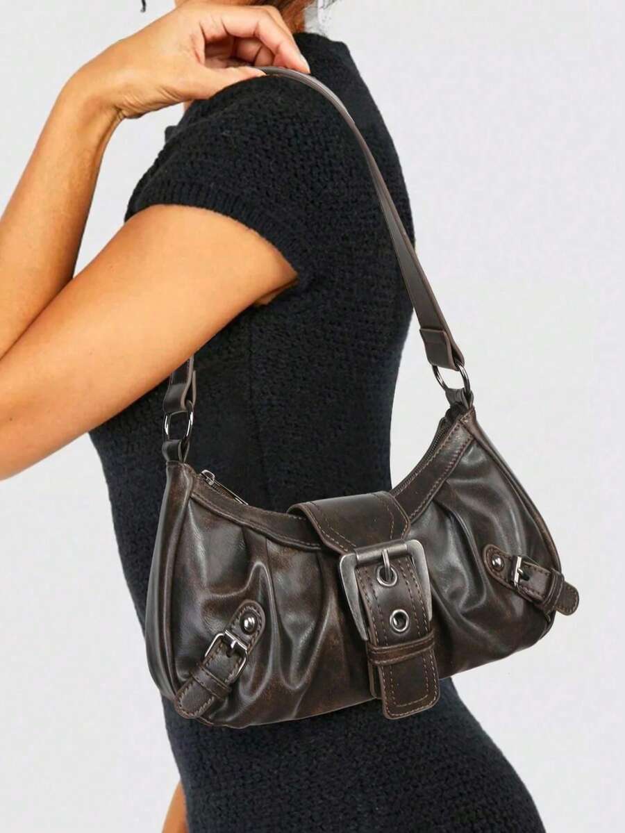 Dark Grey Distressed Ruched Buckle Purse For Women,PU Shoulder Tote Bag, Grunge Ladies Bags For Summer Beach Street Date Casual Outfits