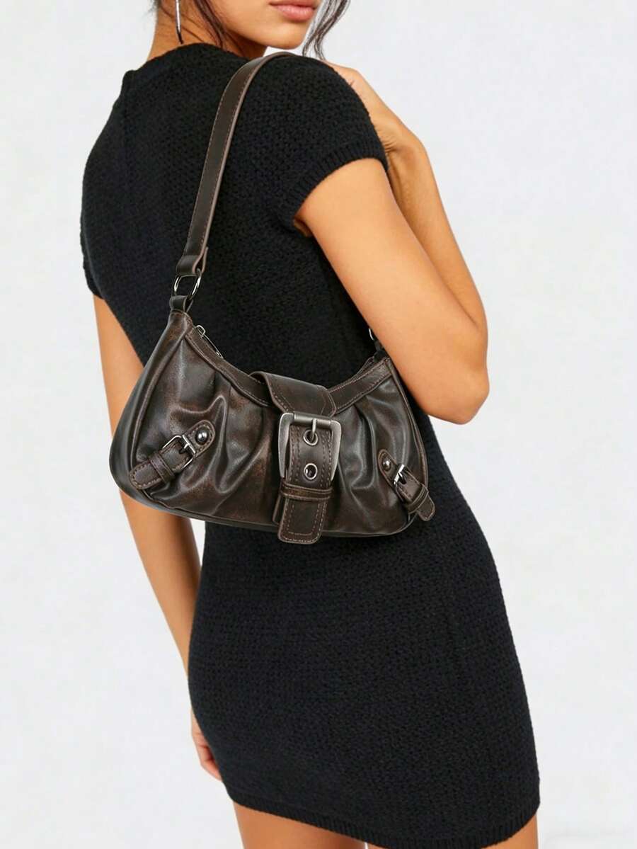 Dark Grey Distressed Ruched Buckle Purse For Women,PU Shoulder Tote Bag, Grunge Ladies Bags For Summer Beach Street Date Casual Outfits