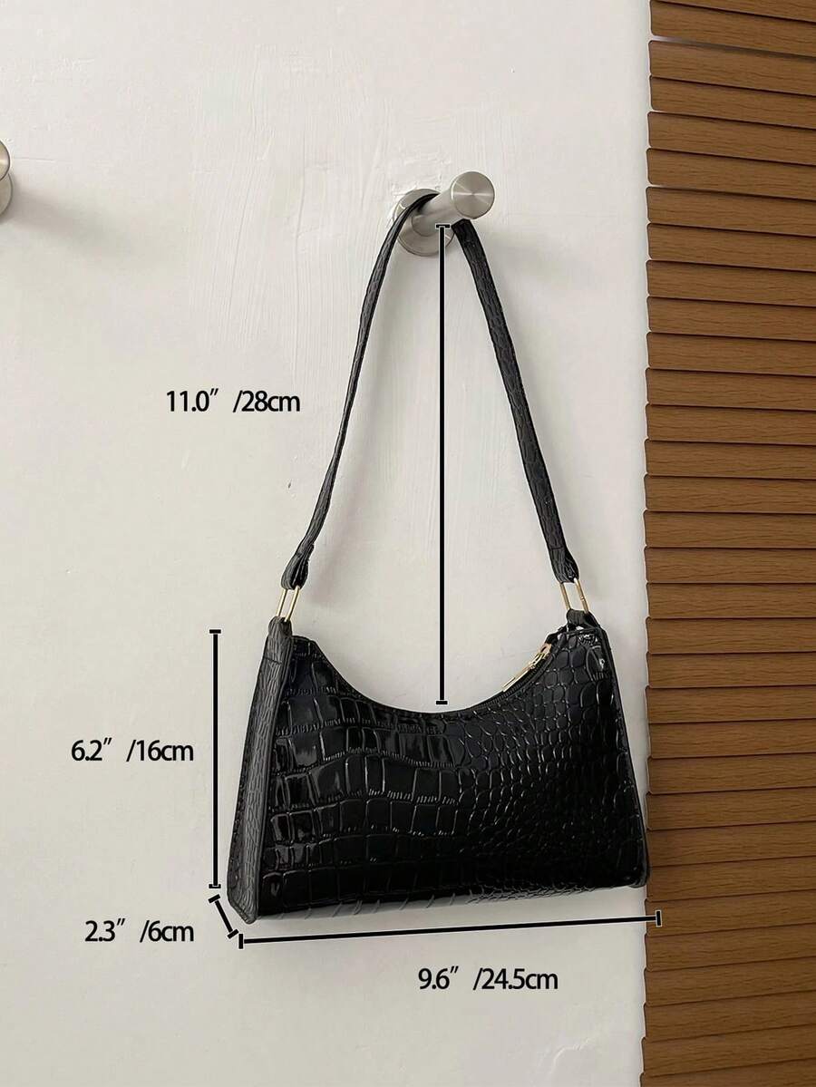 Black Glossy Crocodile Grain Underarm Purse For Women, PU Shoulder Tote Bag,Chic Bag For Summer Beach Date Daily Casual Outfits