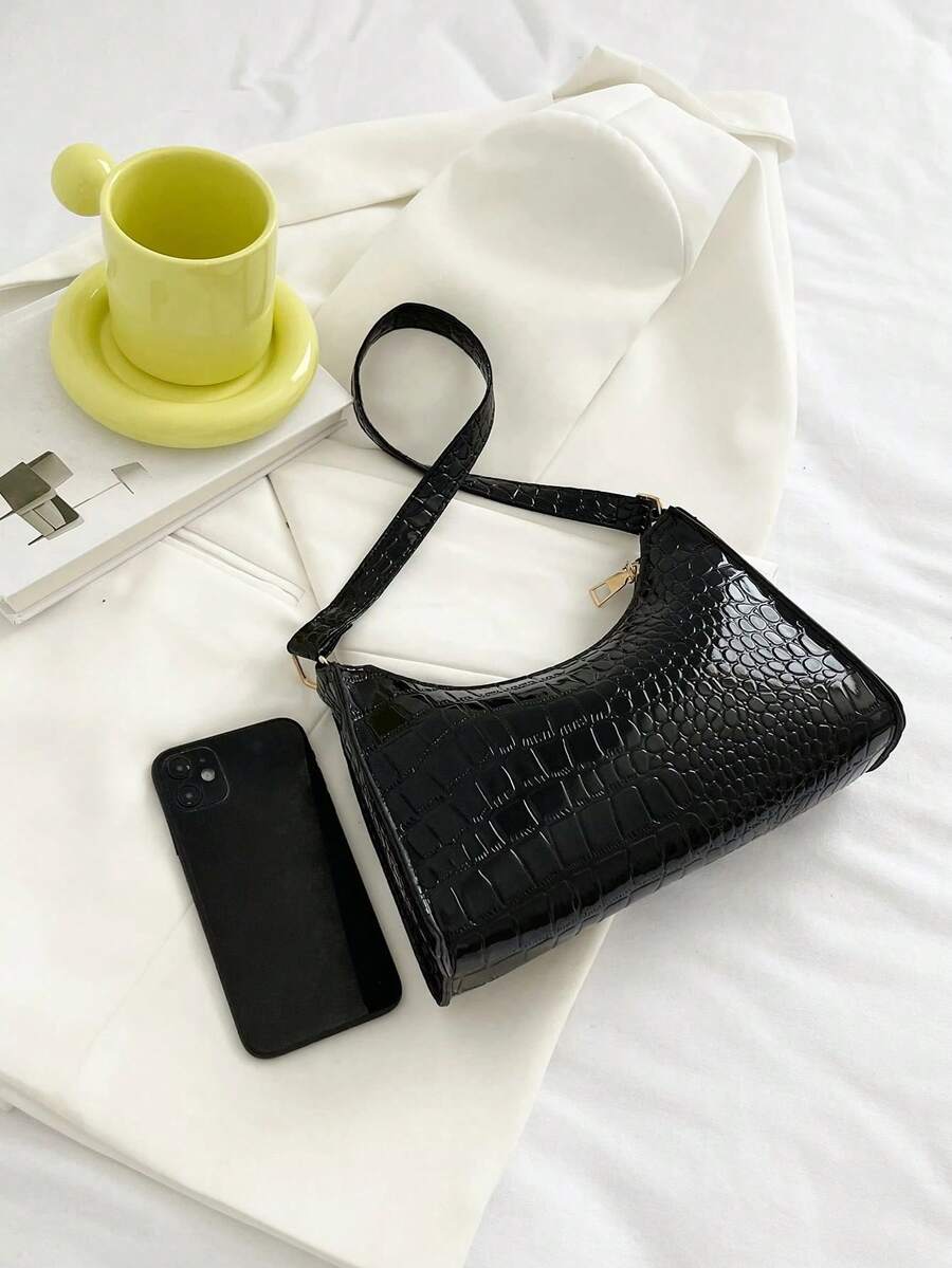 Black Glossy Crocodile Grain Underarm Purse For Women, PU Shoulder Tote Bag,Chic Bag For Summer Beach Date Daily Casual Outfits
