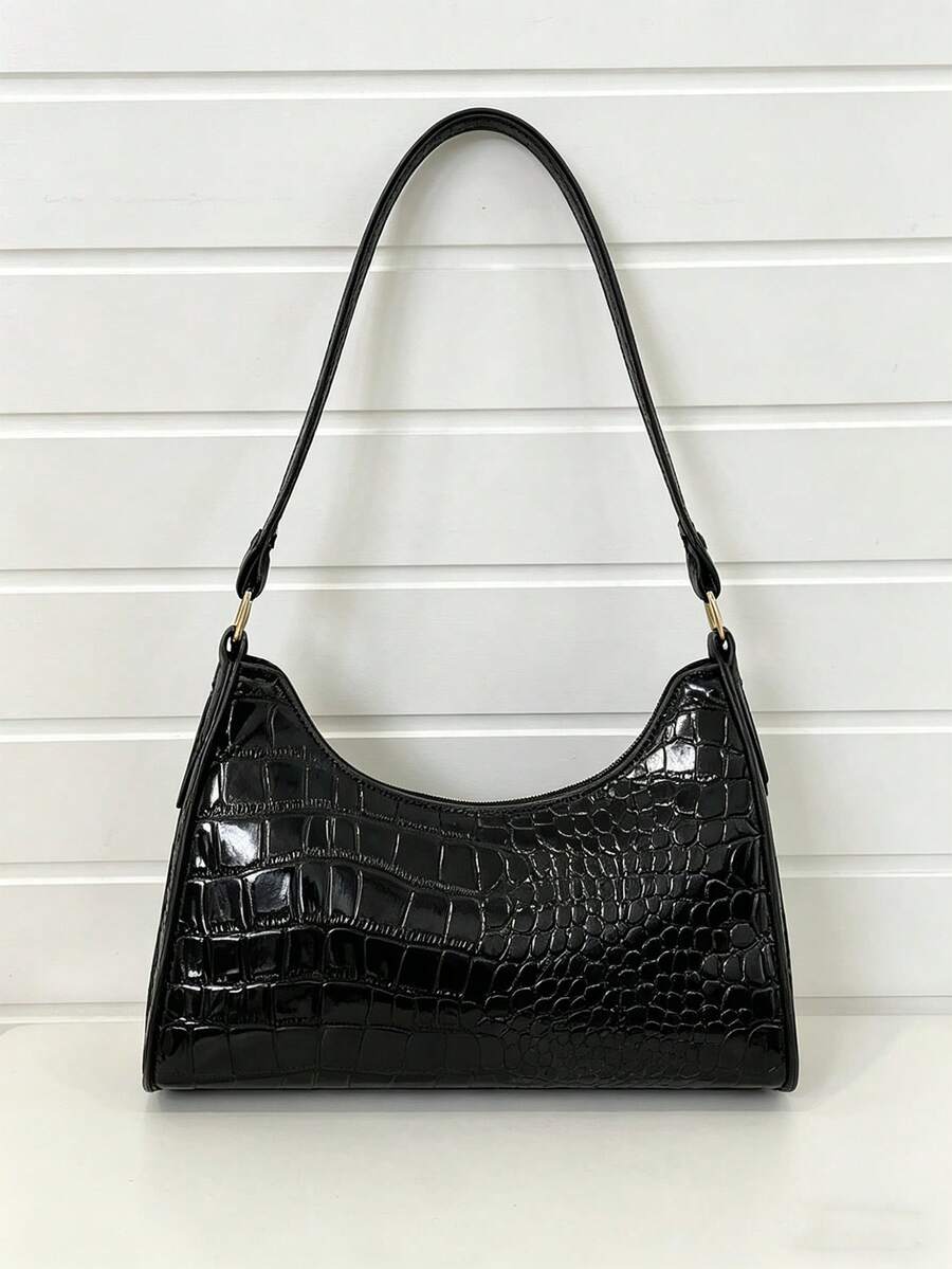 Black Glossy Crocodile Grain Underarm Purse For Women, PU Shoulder Tote Bag,Chic Bag For Summer Beach Date Daily Casual Outfits