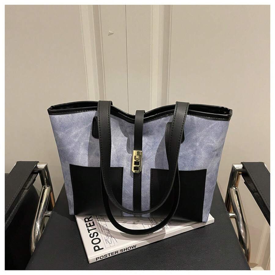 1PC Women Retro Color Block Shoulder Bag, Large Capacity Fashion Casual Commuter Handbag