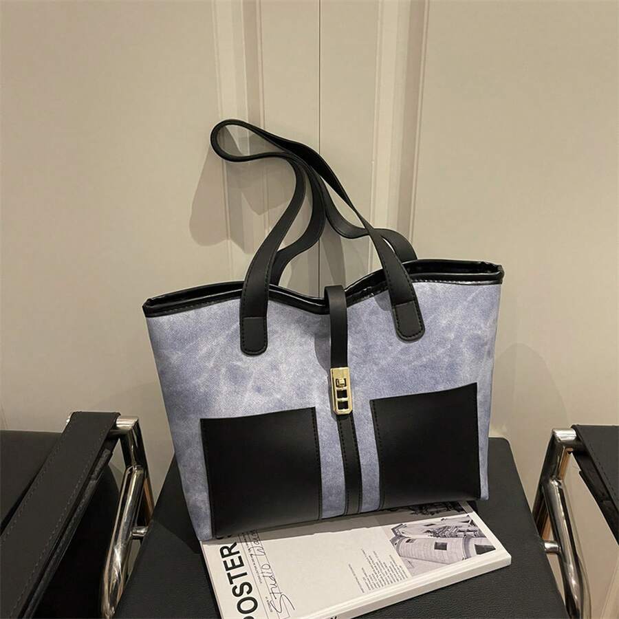 1PC Women Retro Color Block Shoulder Bag, Large Capacity Fashion Casual Commuter Handbag