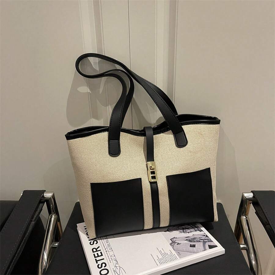1PC Women Retro Color Block Shoulder Bag, Large Capacity Fashion Casual Commuter Handbag