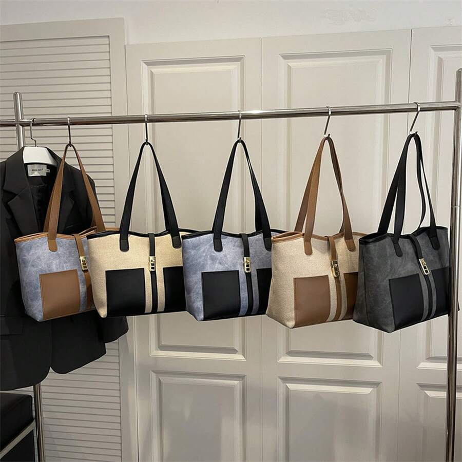 1PC Women Retro Color Block Shoulder Bag, Large Capacity Fashion Casual Commuter Handbag