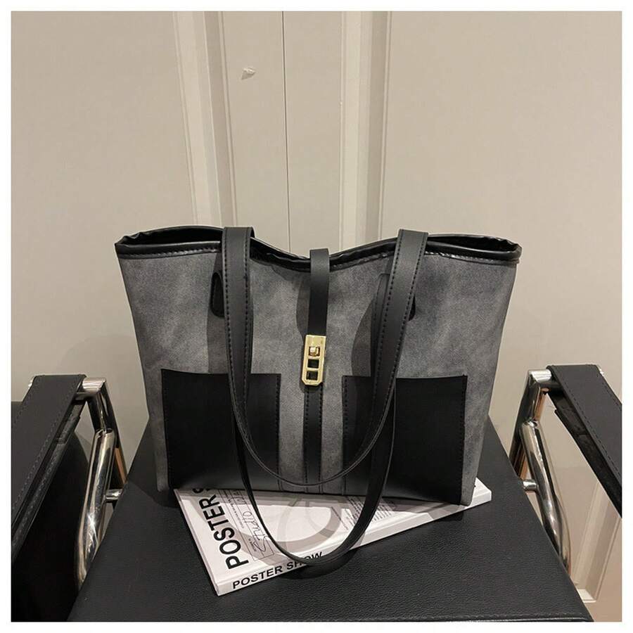 1PC Women Retro Color Block Shoulder Bag, Large Capacity Fashion Casual Commuter Handbag