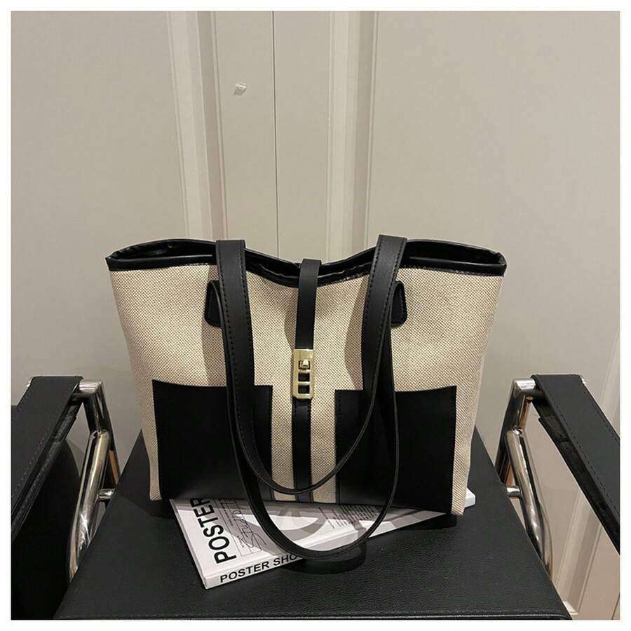 1PC Women Retro Color Block Shoulder Bag, Large Capacity Fashion Casual Commuter Handbag