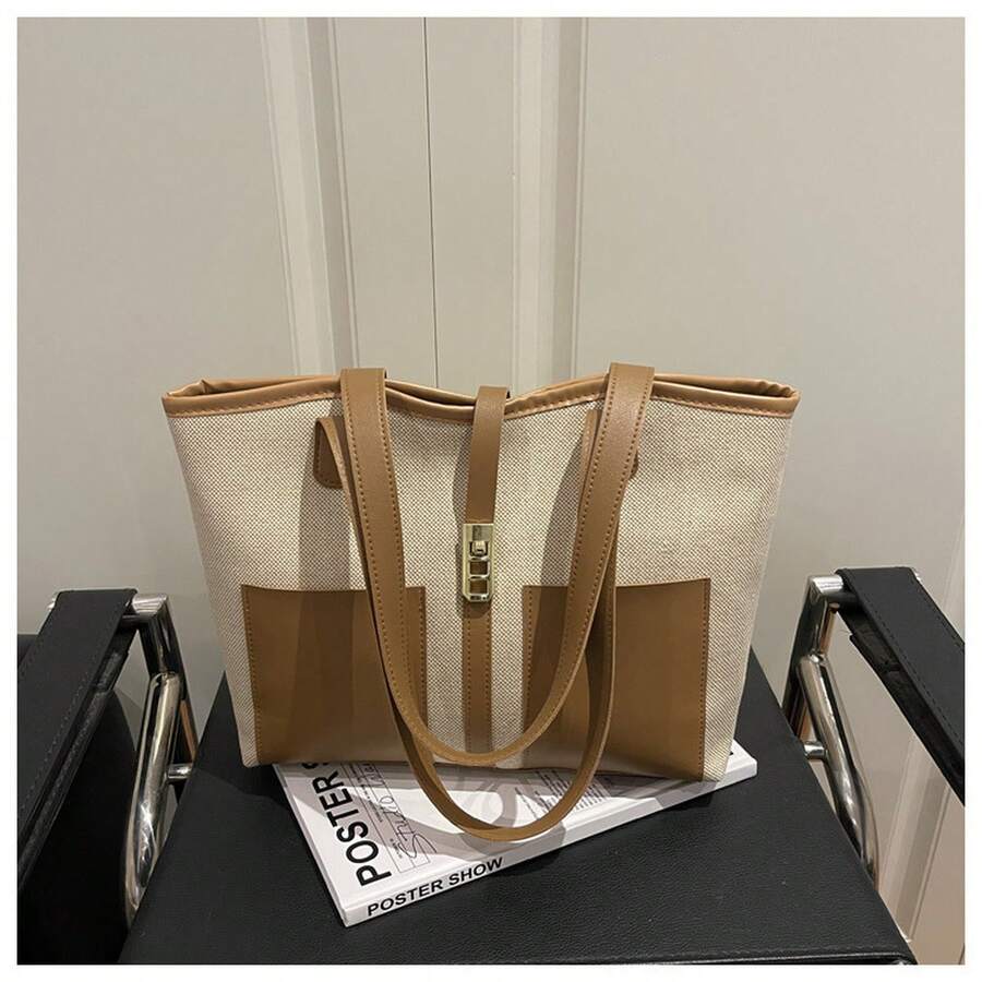 1PC Women Retro Color Block Shoulder Bag, Large Capacity Fashion Casual Commuter Handbag