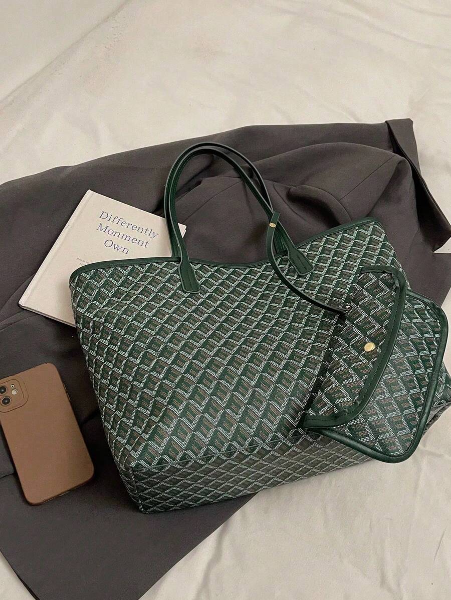 DarkGreen Allover Geometric Print LargeTote Bag Matching PU Trim Top HandleWith Detachable Mini Coin Pouch Women Daily Shopper Handbag Beach Bag Purse