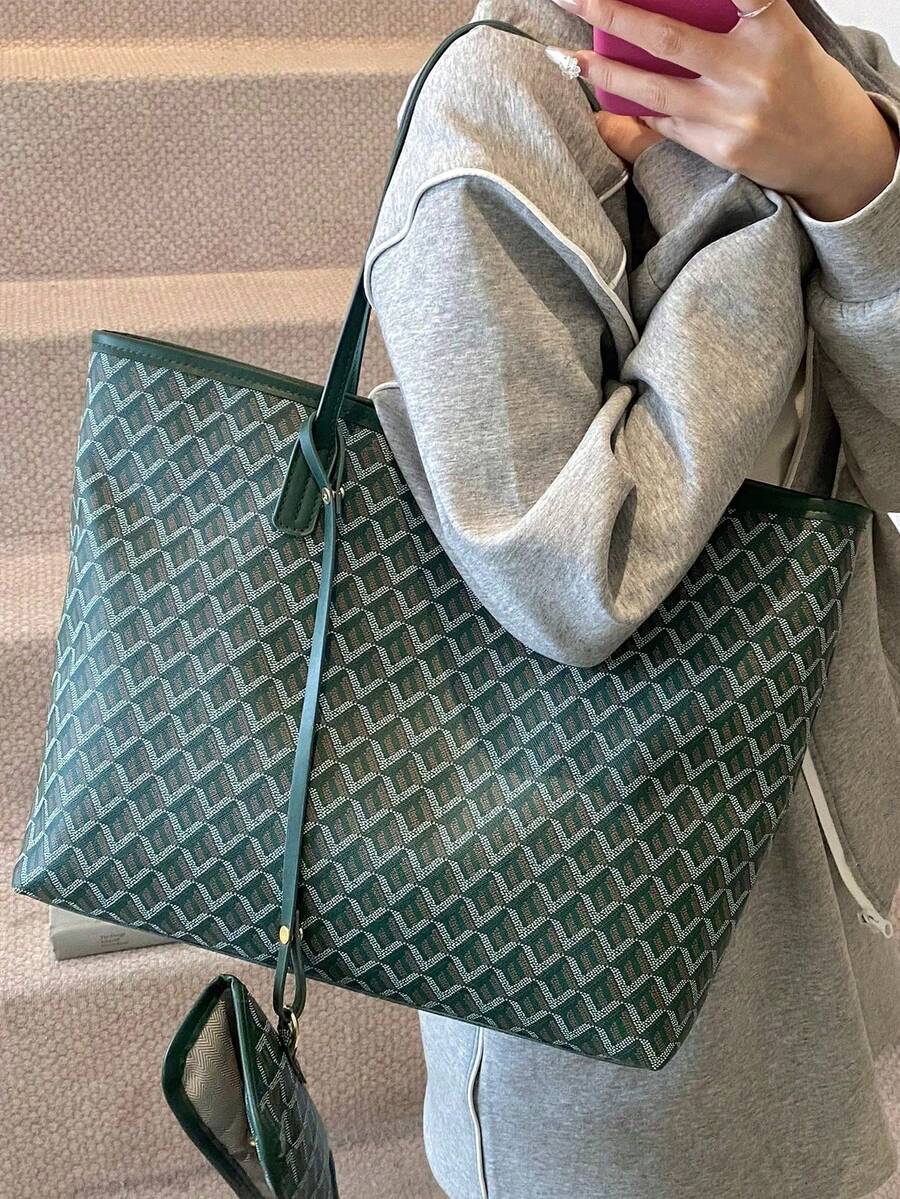 DarkGreen Allover Geometric Print LargeTote Bag Matching PU Trim Top HandleWith Detachable Mini Coin Pouch Women Daily Shopper Handbag Beach Bag Purse