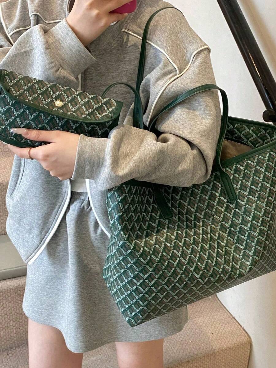 DarkGreen Allover Geometric Print LargeTote Bag Matching PU Trim Top HandleWith Detachable Mini Coin Pouch Women Daily Shopper Handbag Beach Bag Purse