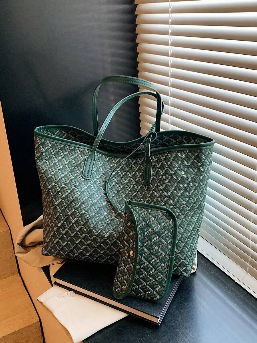 DarkGreen Allover Geometric Print LargeTote Bag Matching PU Trim Top HandleWith Detachable Mini Coin Pouch Women Daily Shopper Handbag Beach Bag Purse