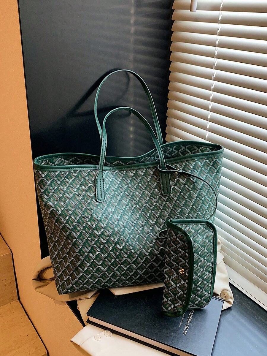 DarkGreen Allover Geometric Print LargeTote Bag Matching PU Trim Top HandleWith Detachable Mini Coin Pouch Women Daily Shopper Handbag Beach Bag Purse
