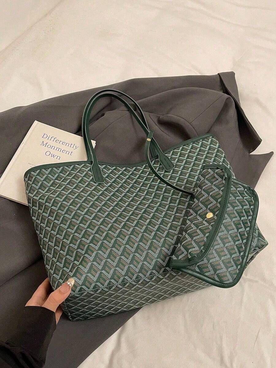 DarkGreen Allover Geometric Print LargeTote Bag Matching PU Trim Top HandleWith Detachable Mini Coin Pouch Women Daily Shopper Handbag Beach Bag Purse