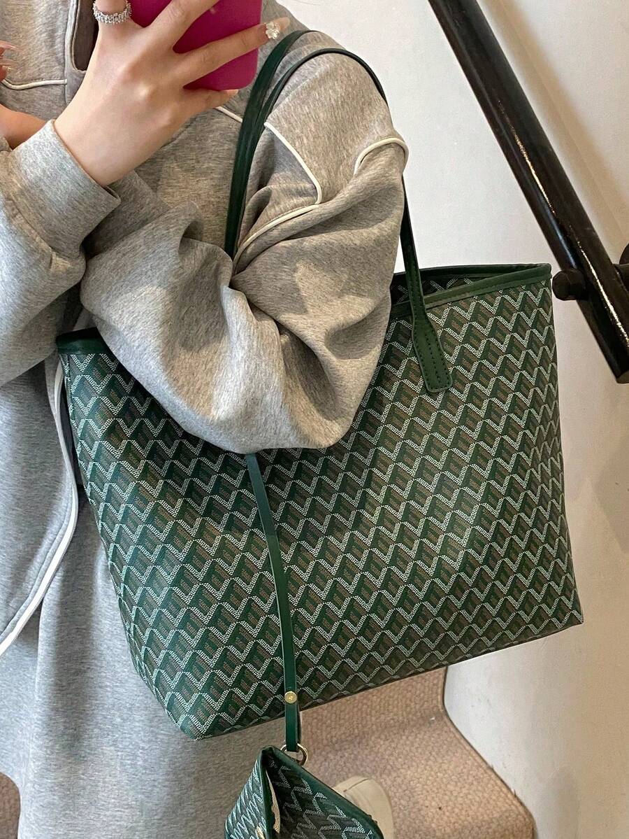 DarkGreen Allover Geometric Print LargeTote Bag Matching PU Trim Top HandleWith Detachable Mini Coin Pouch Women Daily Shopper Handbag Beach Bag Purse