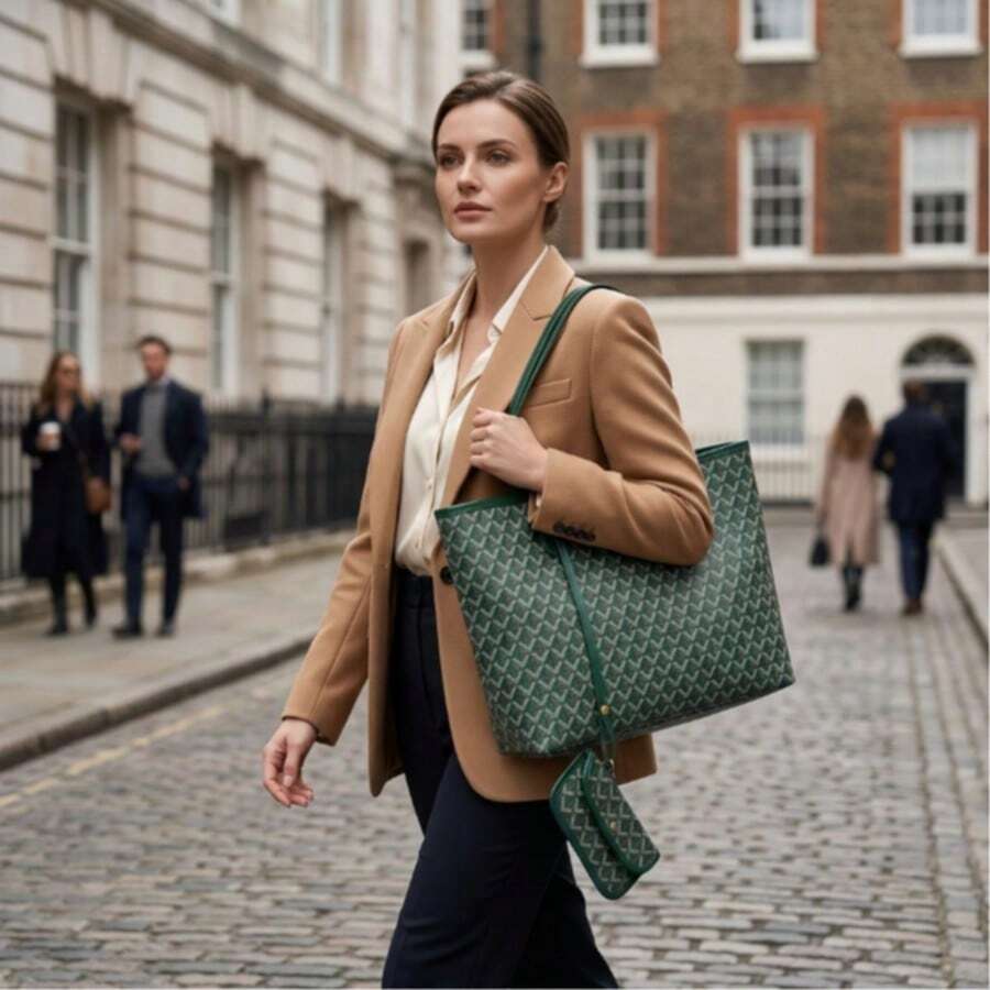 DarkGreen Allover Geometric Print LargeTote Bag Matching PU Trim Top HandleWith Detachable Mini Coin Pouch Women Daily Shopper Handbag Beach Bag Purse