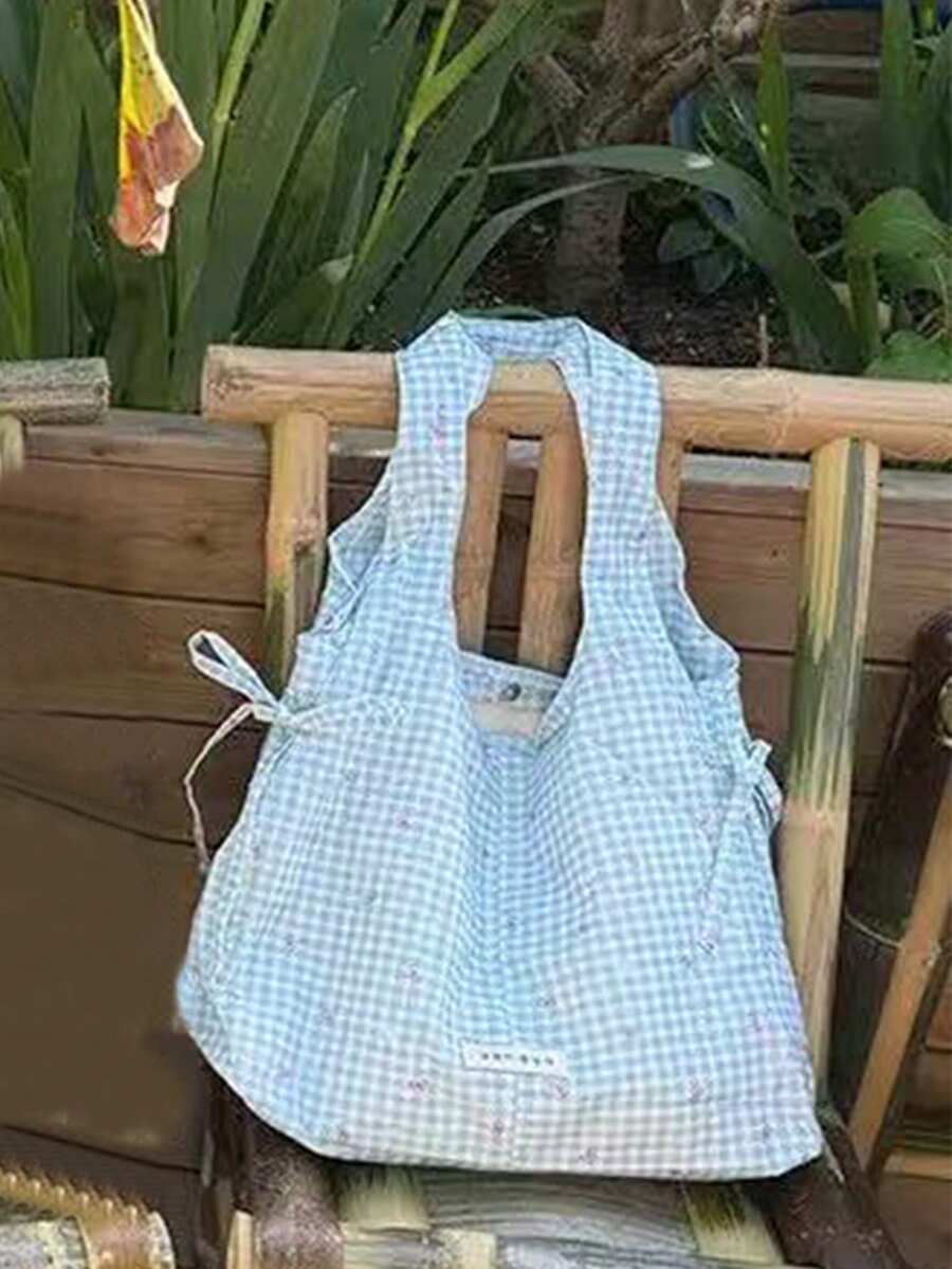 Japanese & Korean Style Niche Design INS Minimalist Fashion Plaid Fresh Bowknot Drawstring Shoulder Tote Bag For Commuting, Outings, Daily Shopping