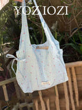 Japanese & Korean Style Niche Design INS Minimalist Fashion Plaid Fresh Bowknot Drawstring Shoulder Tote Bag For Commuting, Outings, Daily Shopping