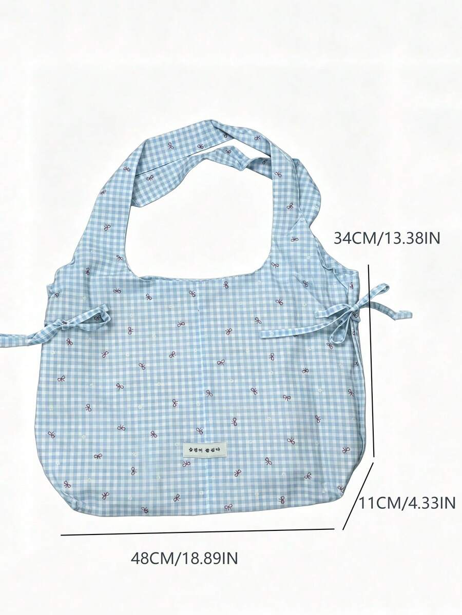 Japanese & Korean Style Niche Design INS Minimalist Fashion Plaid Fresh Bowknot Drawstring Shoulder Tote Bag For Commuting, Outings, Daily Shopping