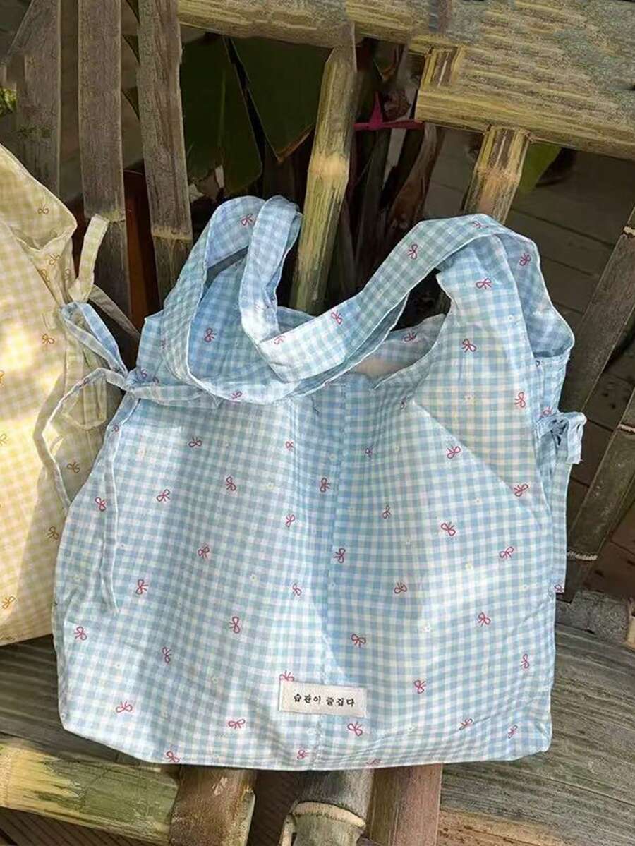 Japanese & Korean Style Niche Design INS Minimalist Fashion Plaid Fresh Bowknot Drawstring Shoulder Tote Bag For Commuting, Outings, Daily Shopping