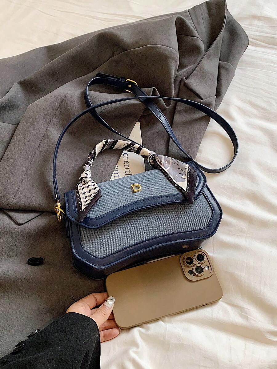 New Classic Colorblock Flap Handbag, Detachable Scarf Handle Tote Bag, Fashion Hardware Decor Daily Handbag Shoulder Crossbody Bag