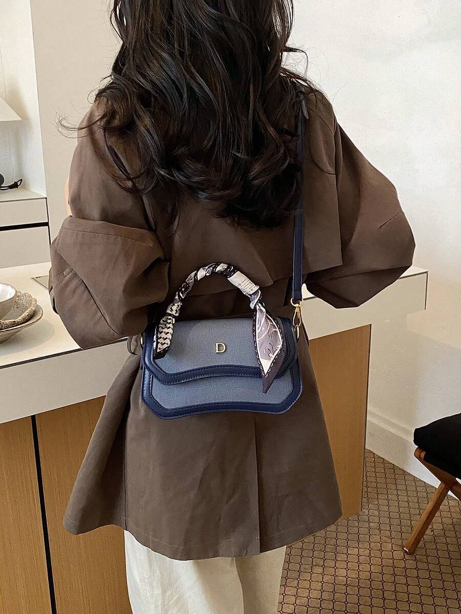 New Classic Colorblock Flap Handbag, Detachable Scarf Handle Tote Bag, Fashion Hardware Decor Daily Handbag Shoulder Crossbody Bag