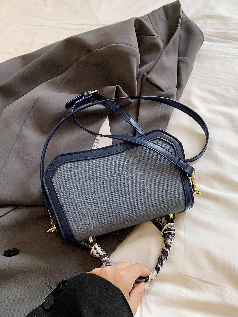 New Classic Colorblock Flap Handbag, Detachable Scarf Handle Tote Bag, Fashion Hardware Decor Daily Handbag Shoulder Crossbody Bag