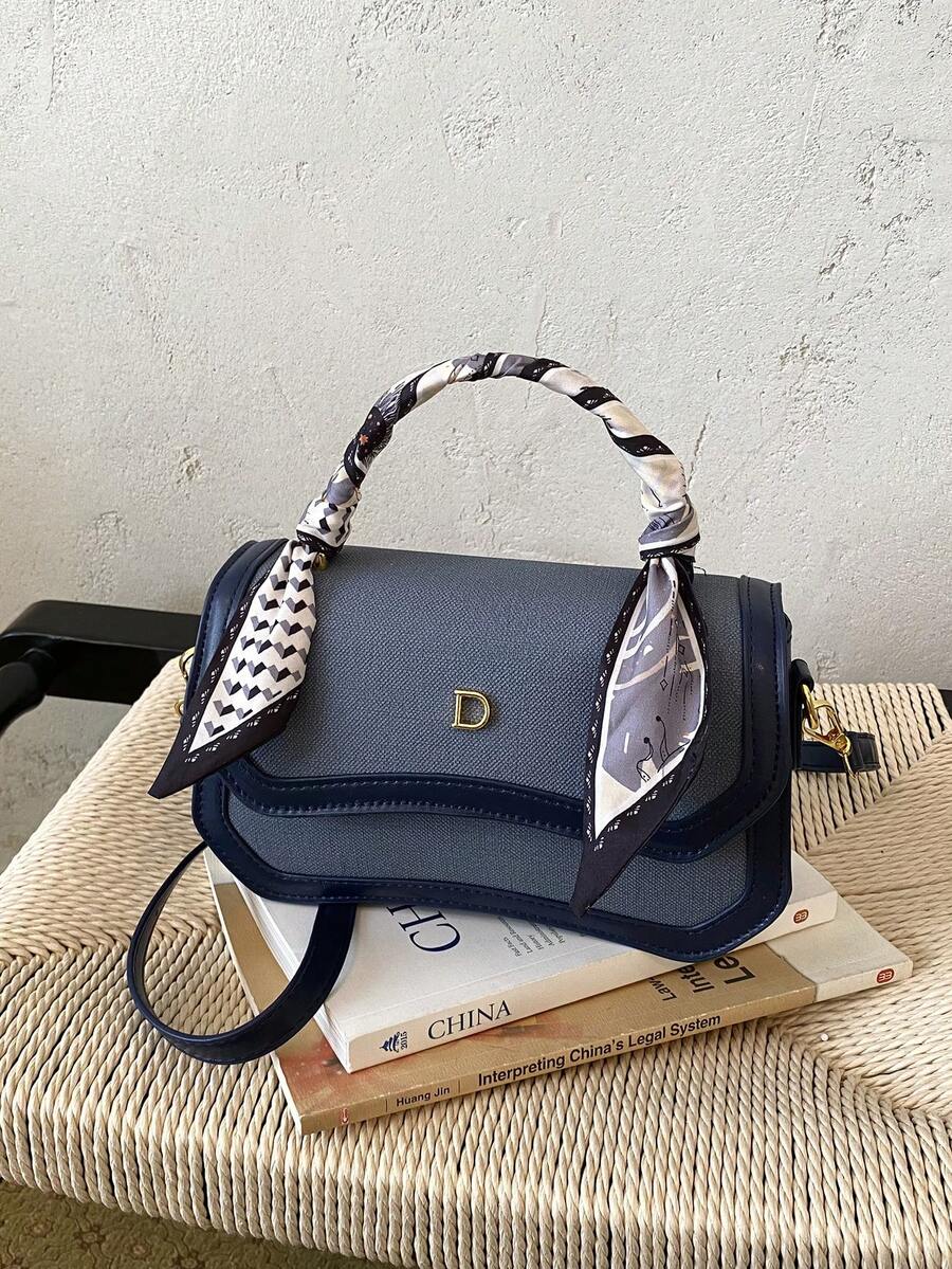 New Classic Colorblock Flap Handbag, Detachable Scarf Handle Tote Bag, Fashion Hardware Decor Daily Handbag Shoulder Crossbody Bag