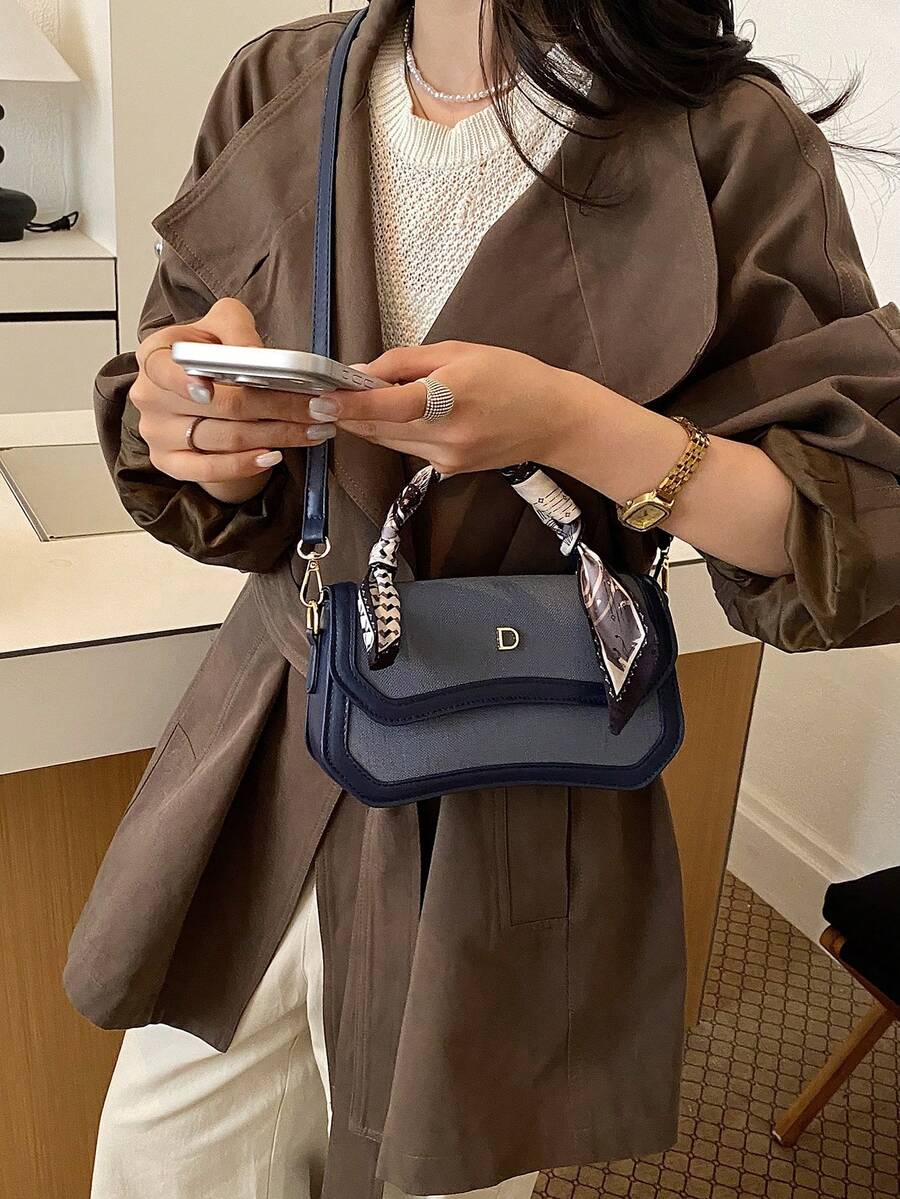 New Classic Colorblock Flap Handbag, Detachable Scarf Handle Tote Bag, Fashion Hardware Decor Daily Handbag Shoulder Crossbody Bag