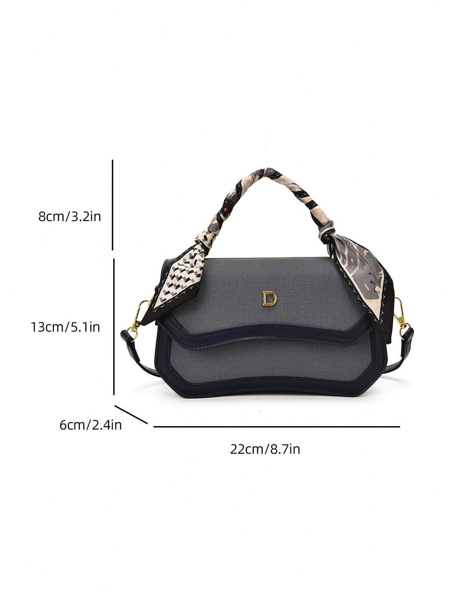New Classic Colorblock Flap Handbag, Detachable Scarf Handle Tote Bag, Fashion Hardware Decor Daily Handbag Shoulder Crossbody Bag