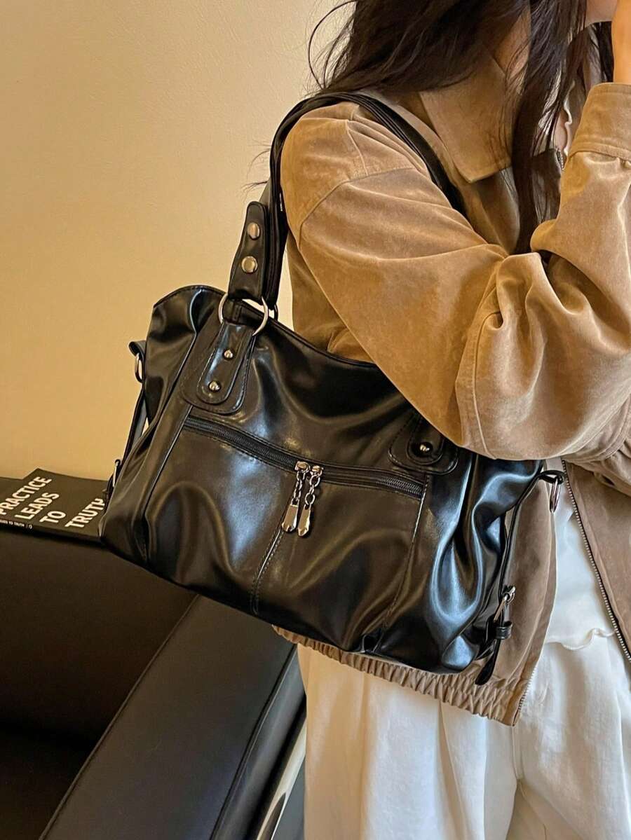 European And American Style Large Tote Bag, Soft Leather, Large Capacity, Shoulder, Crossbody, Women's Fashion Commuter Bag